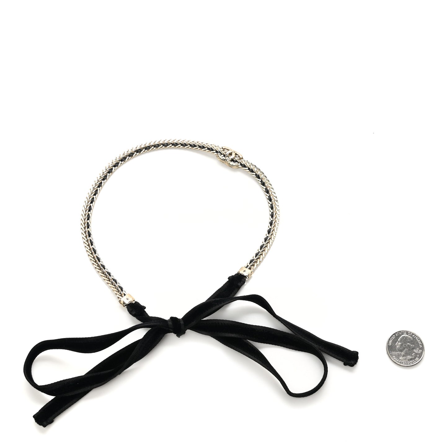 Metal Lambskin Crystal CC Chain Tie Headband Gold Black