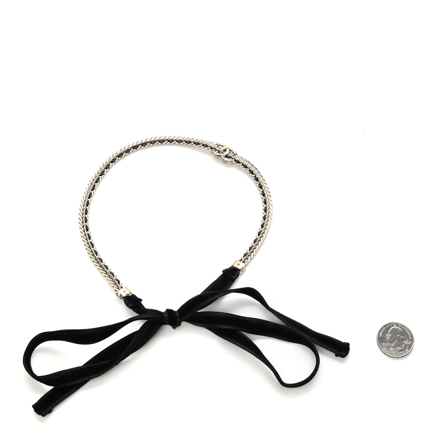 Chanel Metal Lambskin Crystal CC Chain Tie Headband Gold Black 2 of 3