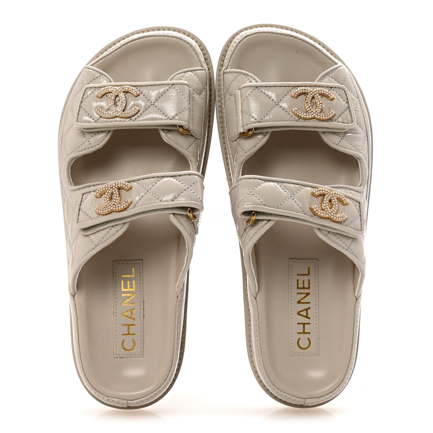 Chanel Shiny Calfskin Pearl Quilted Velcro Dad CC Slide Sandals 36.5 Light Beige 2 of 9