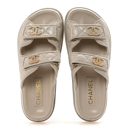 Chanel Shiny Calfskin Pearl Quilted Velcro Dad CC Slide Sandals 36.5 Light Beige 2 of 9