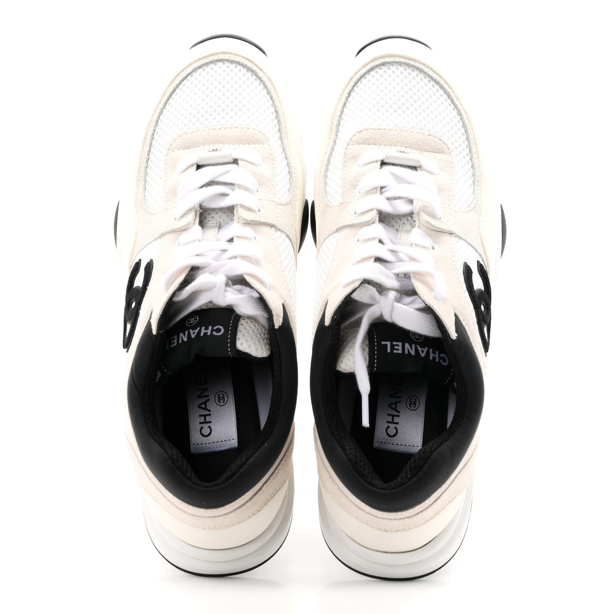Chanel Mesh Suede Calfskin Grained Calfskin Womens CC Sneakers 40.5 White Black 2 of 9