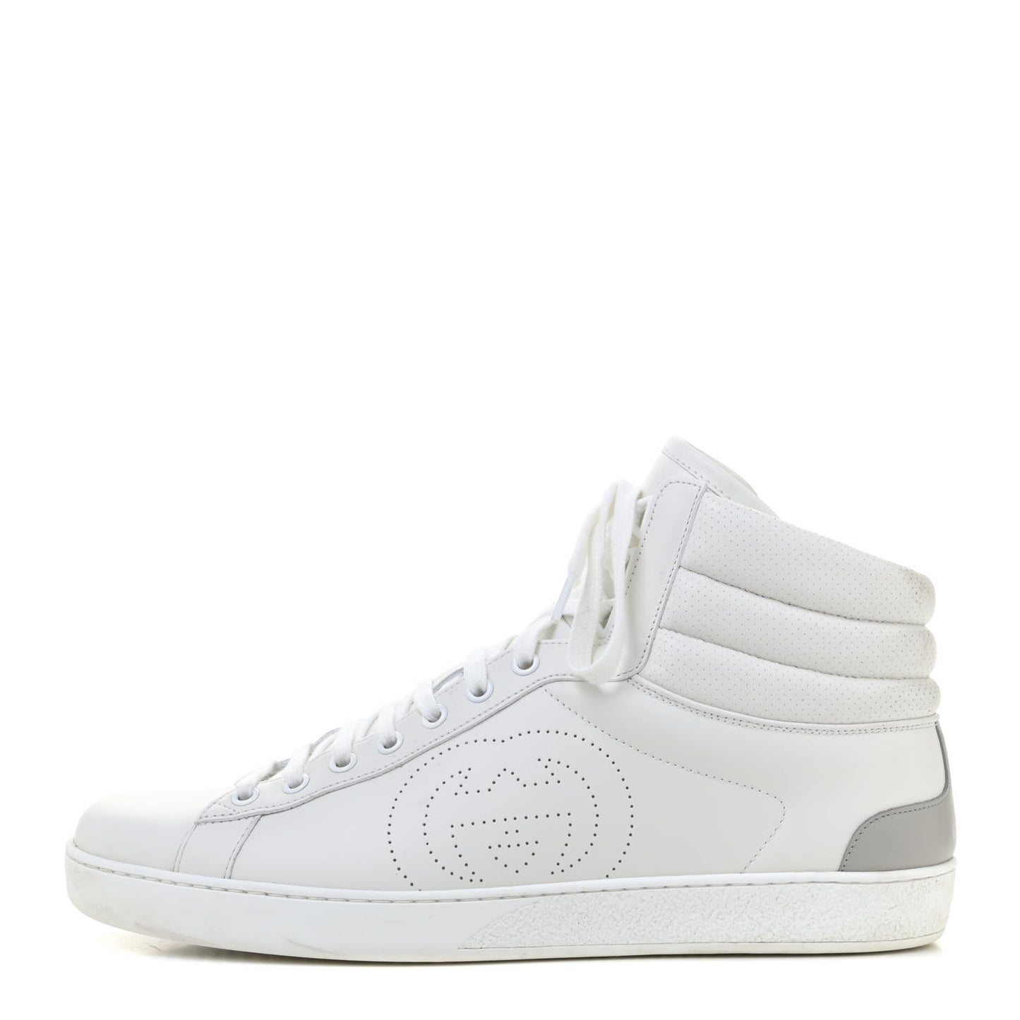 Calfskin Interlocking G Perforated Mens Ace High Top Sneakers 10 White Great White Grey Sky
