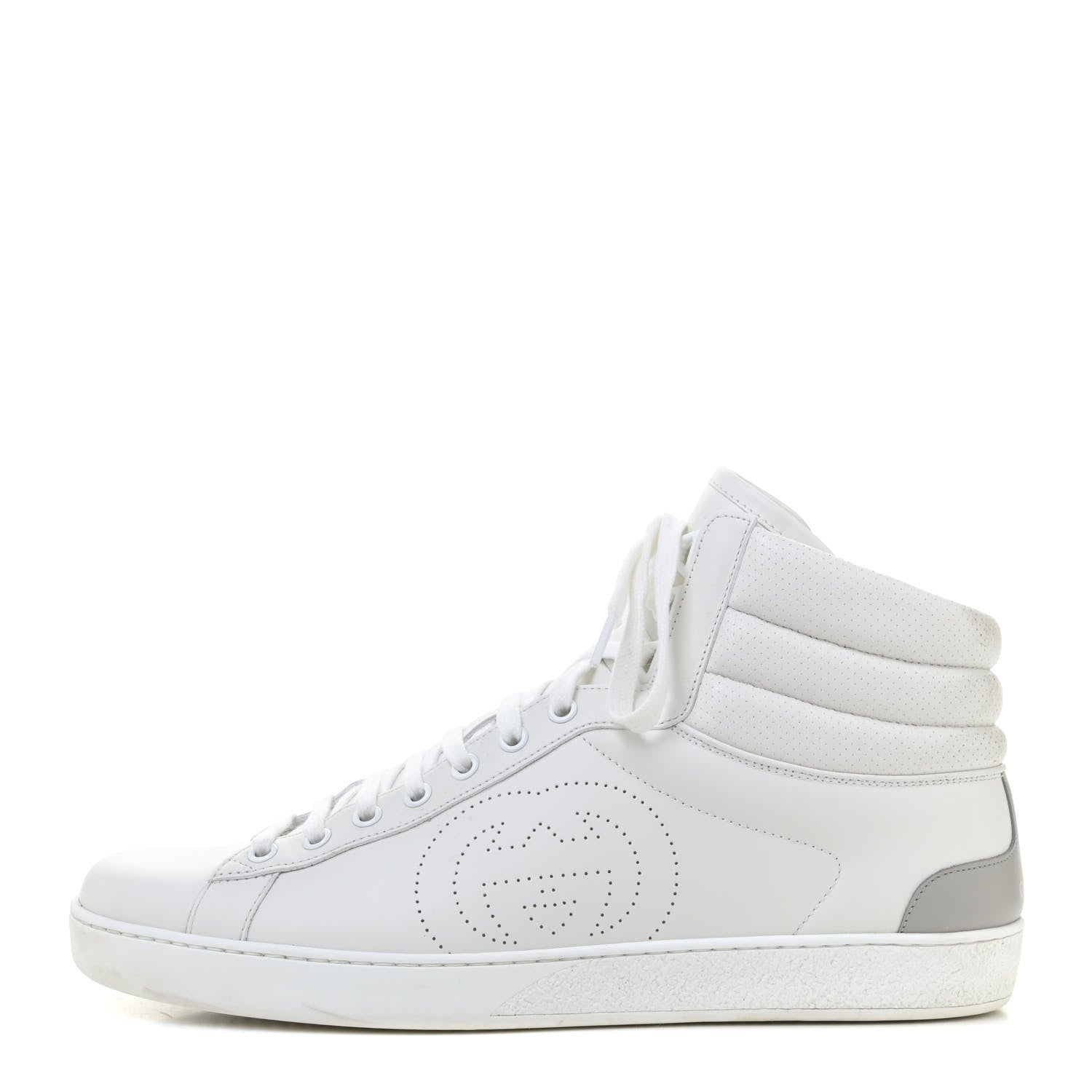 Gucci Calfskin Interlocking G Perforated Mens Ace High Top Sneakers 10 White Great White Grey Sky 1 of 15