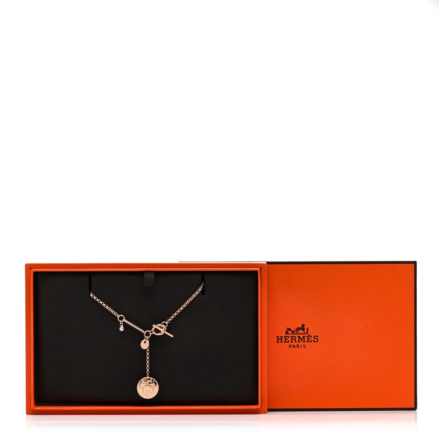 Hermes 18K Rose Gold Diamond PM Ex-Libris Pendant Necklace 5 of 5