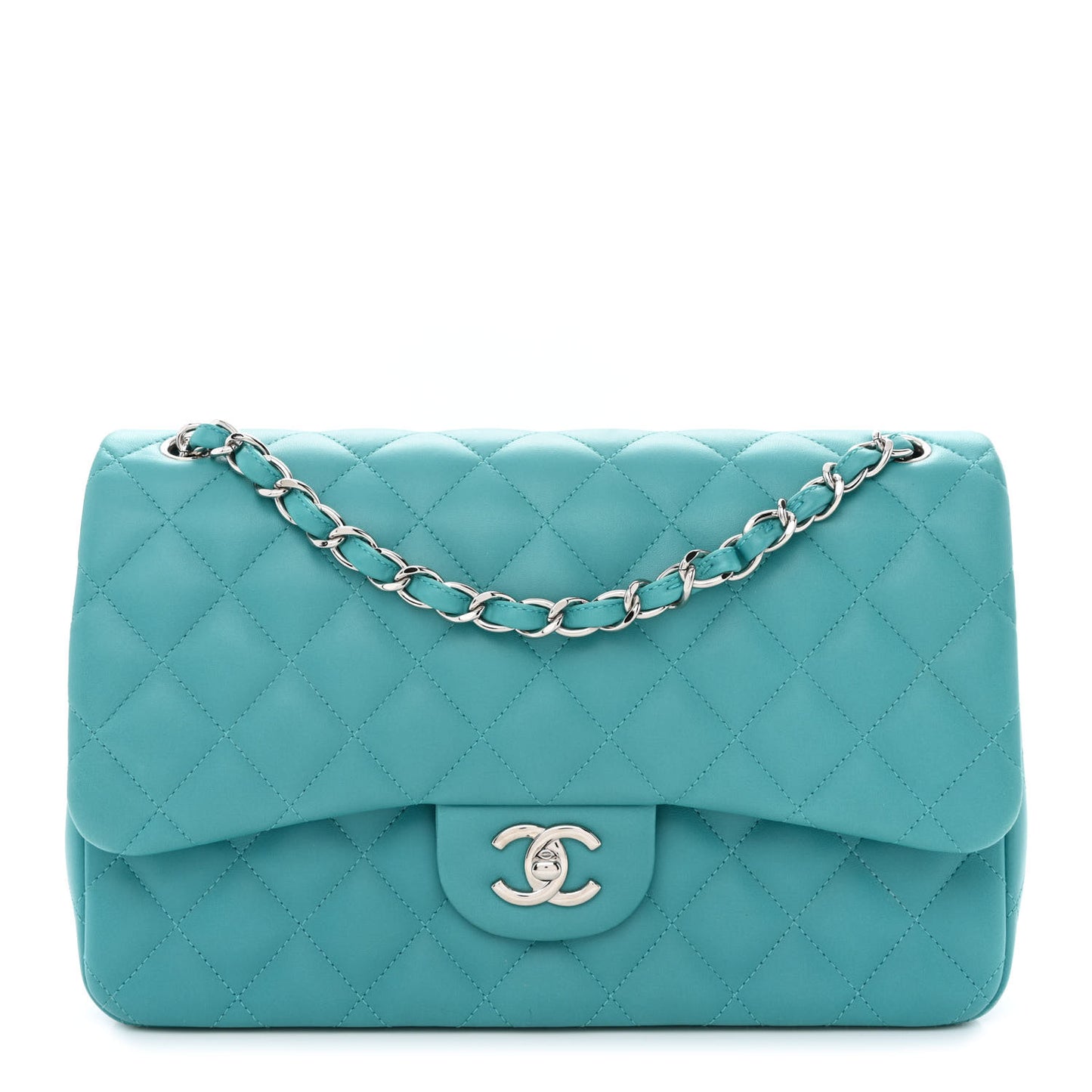 Lambskin Quilted Jumbo Double Flap Turquoise