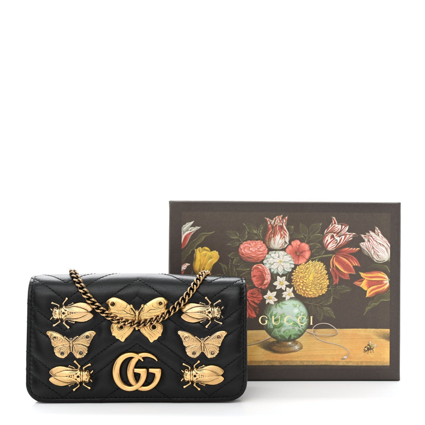 Calfskin Matelasse Animal Studs GG Marmont Mini Bag Black