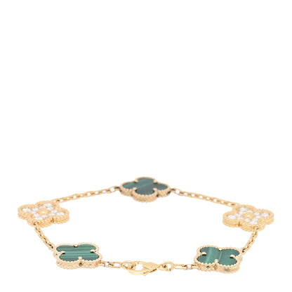Van Cleef & Arpels 18K Yellow Gold Diamond Malachite 5 Motifs Vintage Alhambra Bracelet 2 of 4
