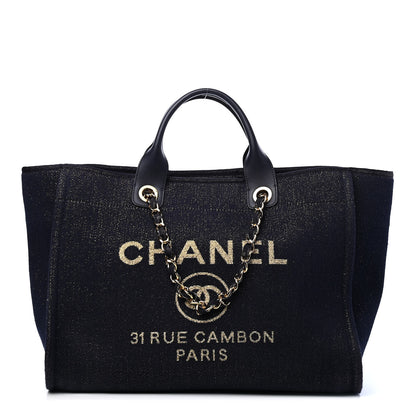 Chanel Lurex Canvas Medium Deauville Tote Navy Blue Gold 1 of 8