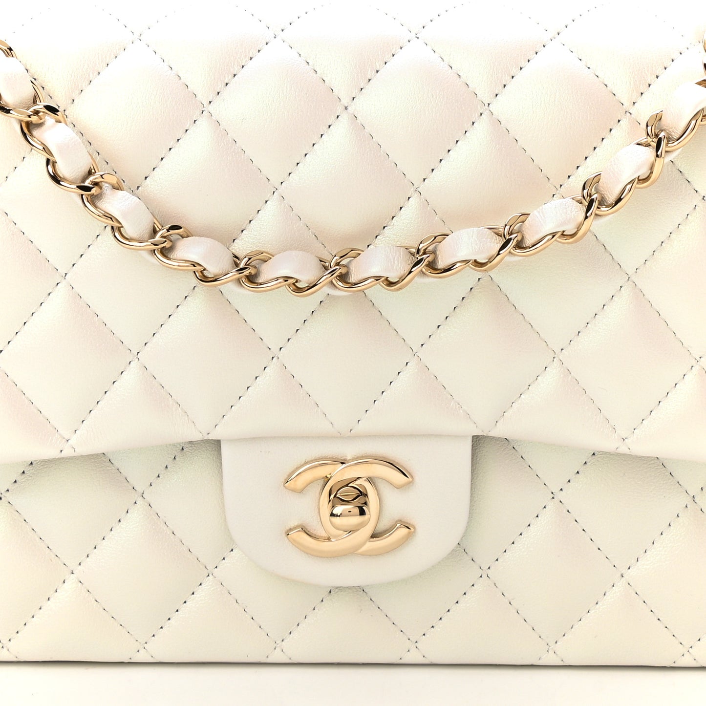 Iridescent Calfskin Quilted Medium Double Flap White