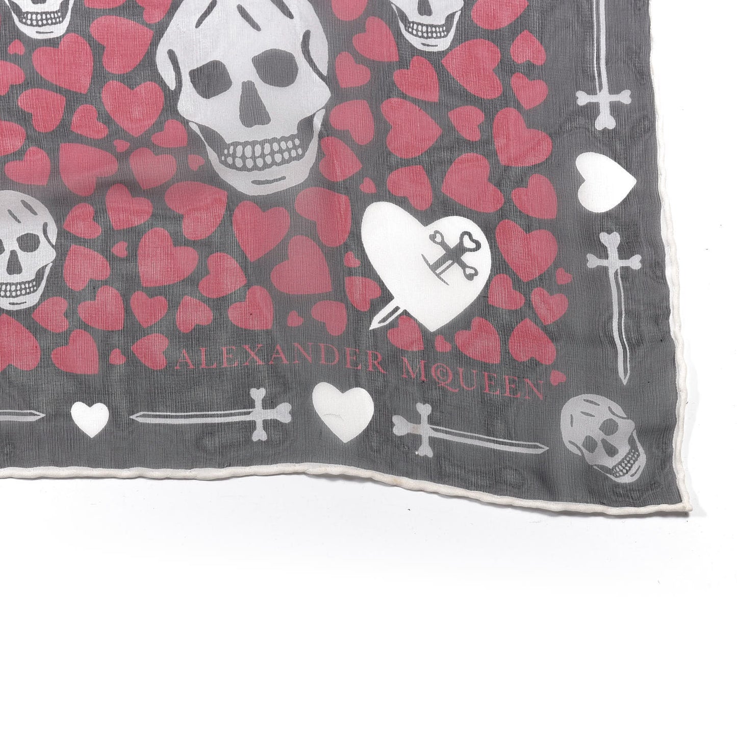 Silk Heart Skull Print Scarf Red