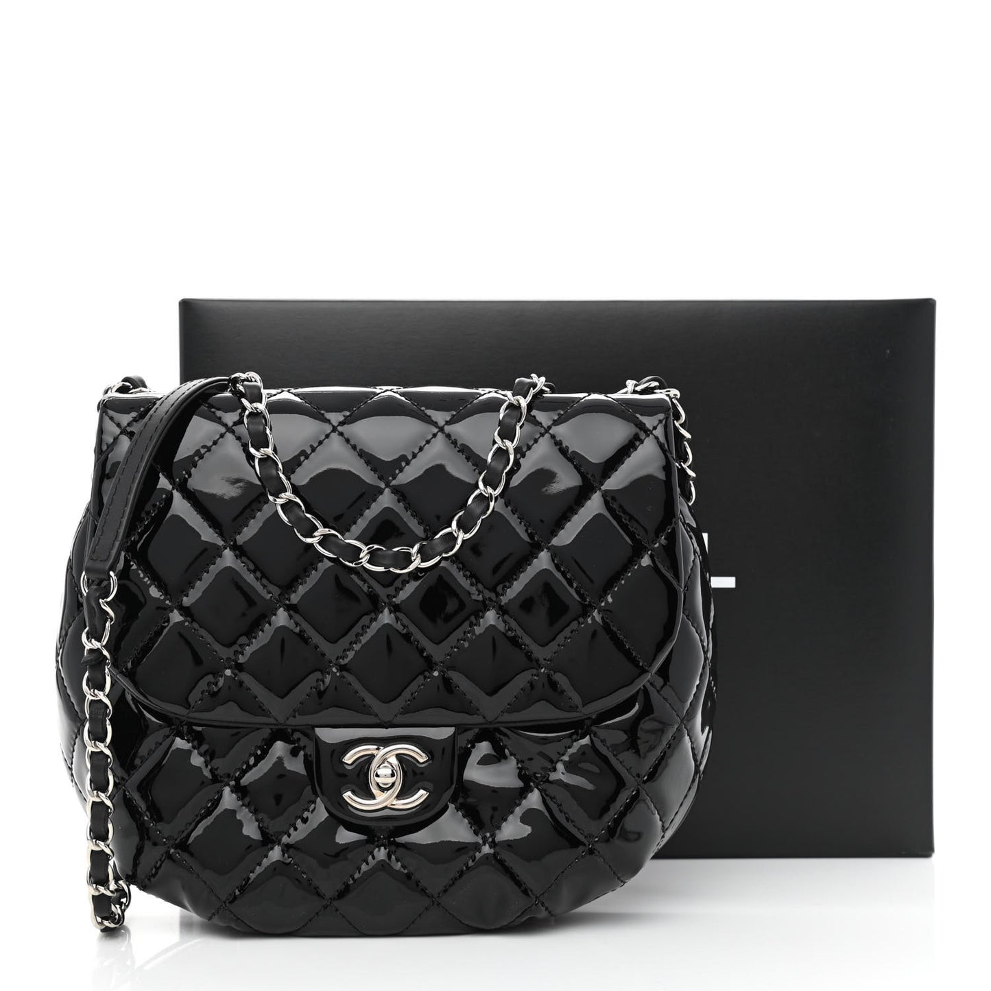 Patent Calfskin Quilted Medium Bubble CC Flap Black