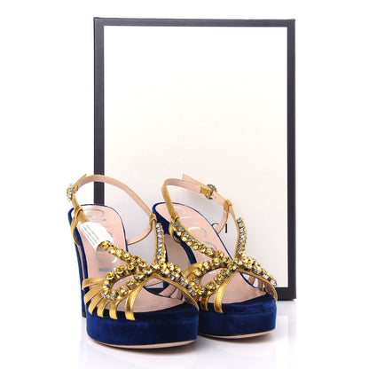 Gucci Velvet Nappa Crystal Zephyra Slingback Platform High Heel Sandals 36 Blue Gold 11 of 11