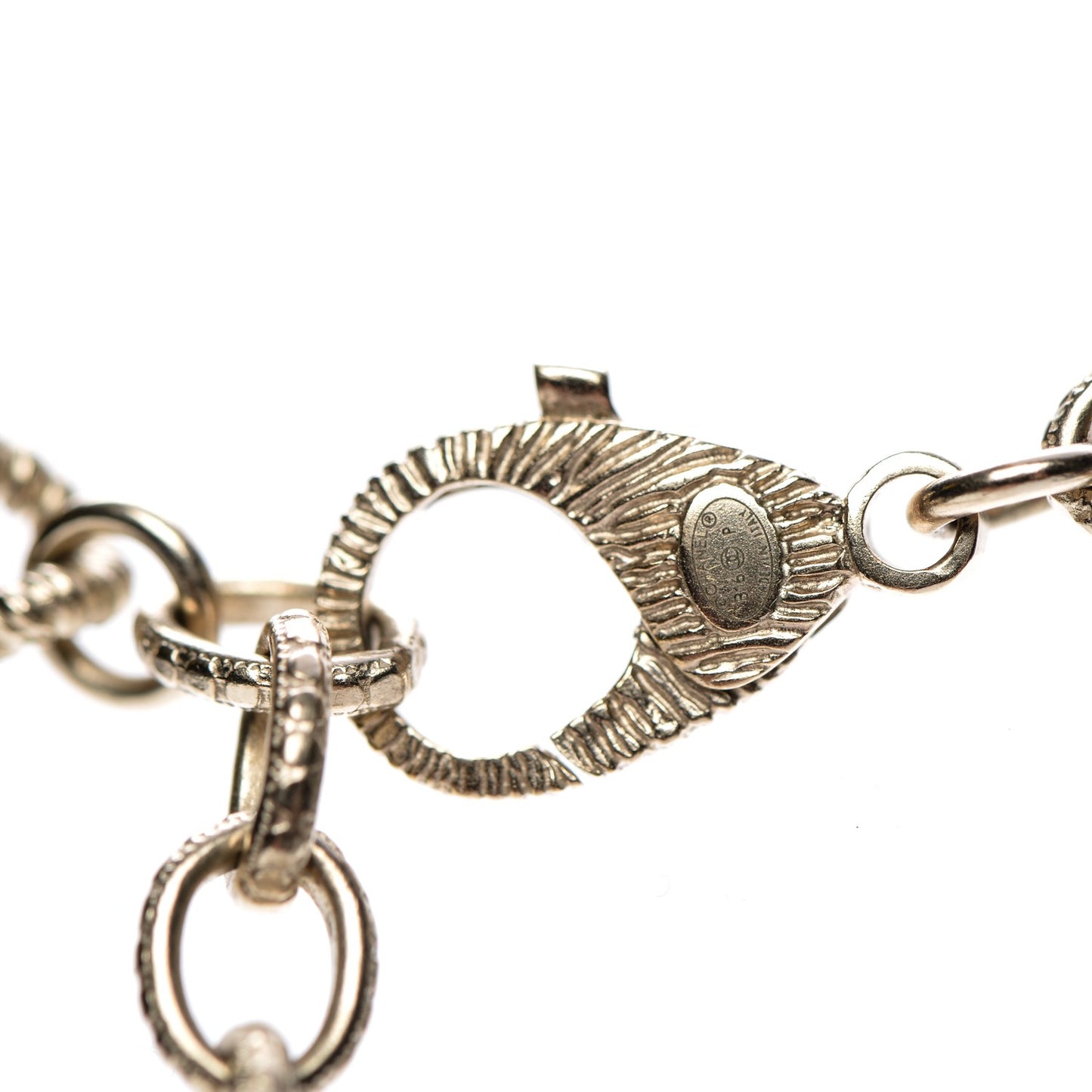 Quilted CC Long Chain Necklace Gold Pearly White