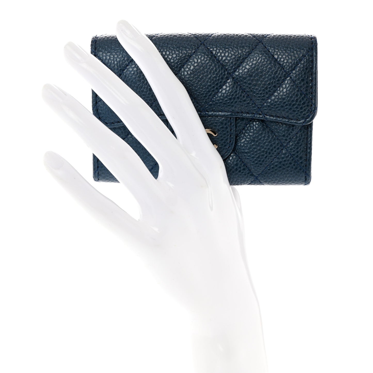 Metallic Caviar Quilted Flap Card Holder Wallet Dark Blue
