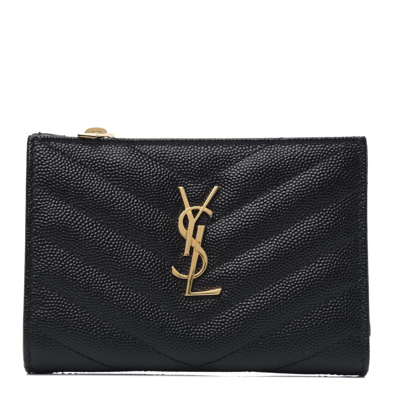Saint Laurent Grain De Poudre Matelasse Chevron Monogram Zipped Two-Part Wallet Black 1 of 5
