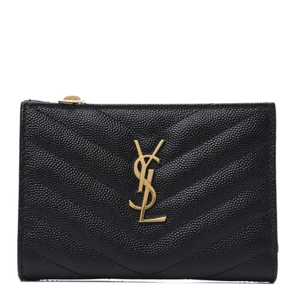 Saint Laurent Grain De Poudre Matelasse Chevron Monogram Zipped Two-Part Wallet Black 1 of 5