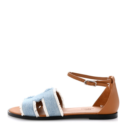 Hermes Denim Fringe Santorini Sandals 39 Bleu Clair Naturel 1 of 7