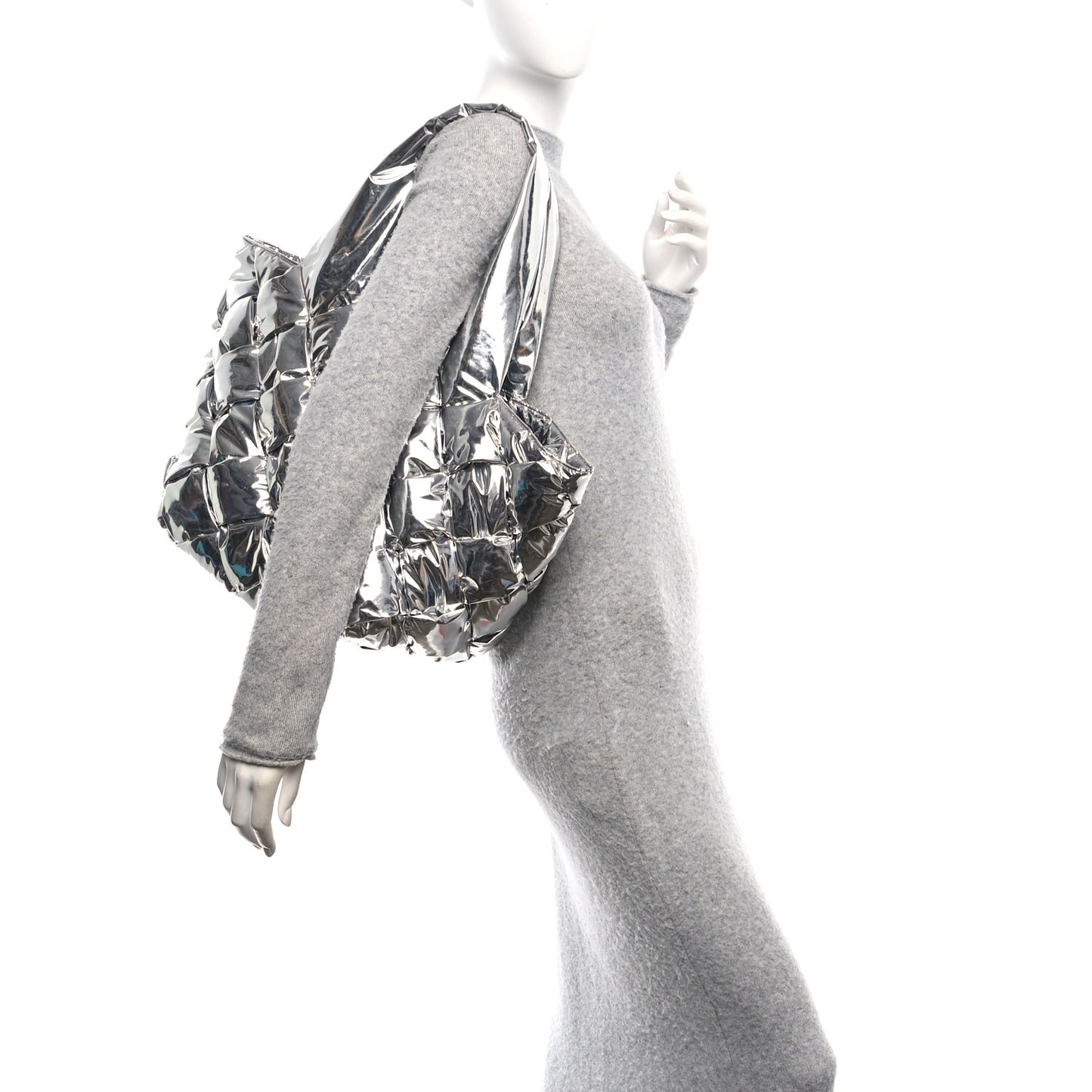 Metallic Calfskin Maxi Intrecciato Padded Cassette Tote Silver