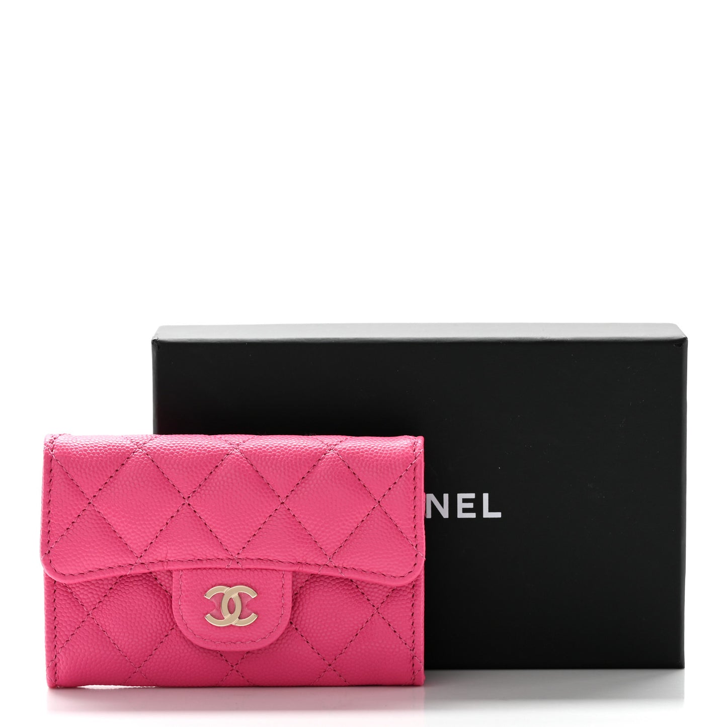 Caviar Quilted Flap Card Holder Wallet Pink