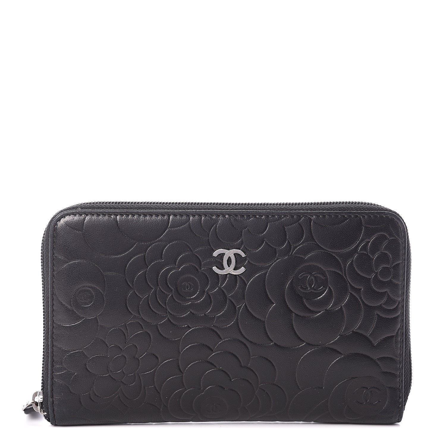 Chanel Lambskin Camellia Embossed Zip Around Organizer Wallet Black 1 of 6