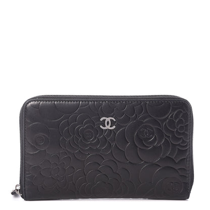 Chanel Lambskin Camellia Embossed Zip Around Organizer Wallet Black 1 of 6