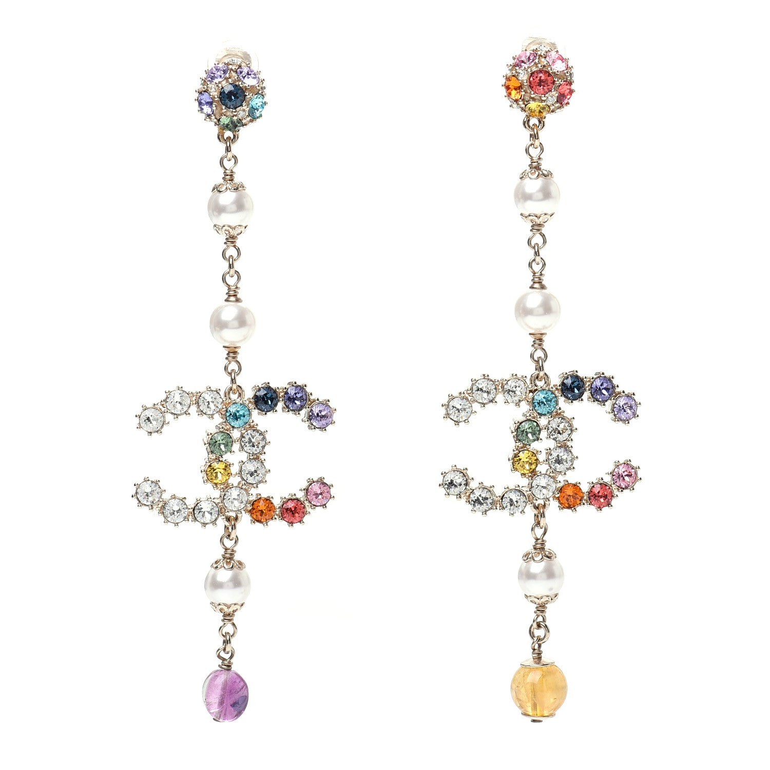 Chanel Crystal Pearl Over The Rainbow CC Long Drop Earrings Multicolor 1 of 5