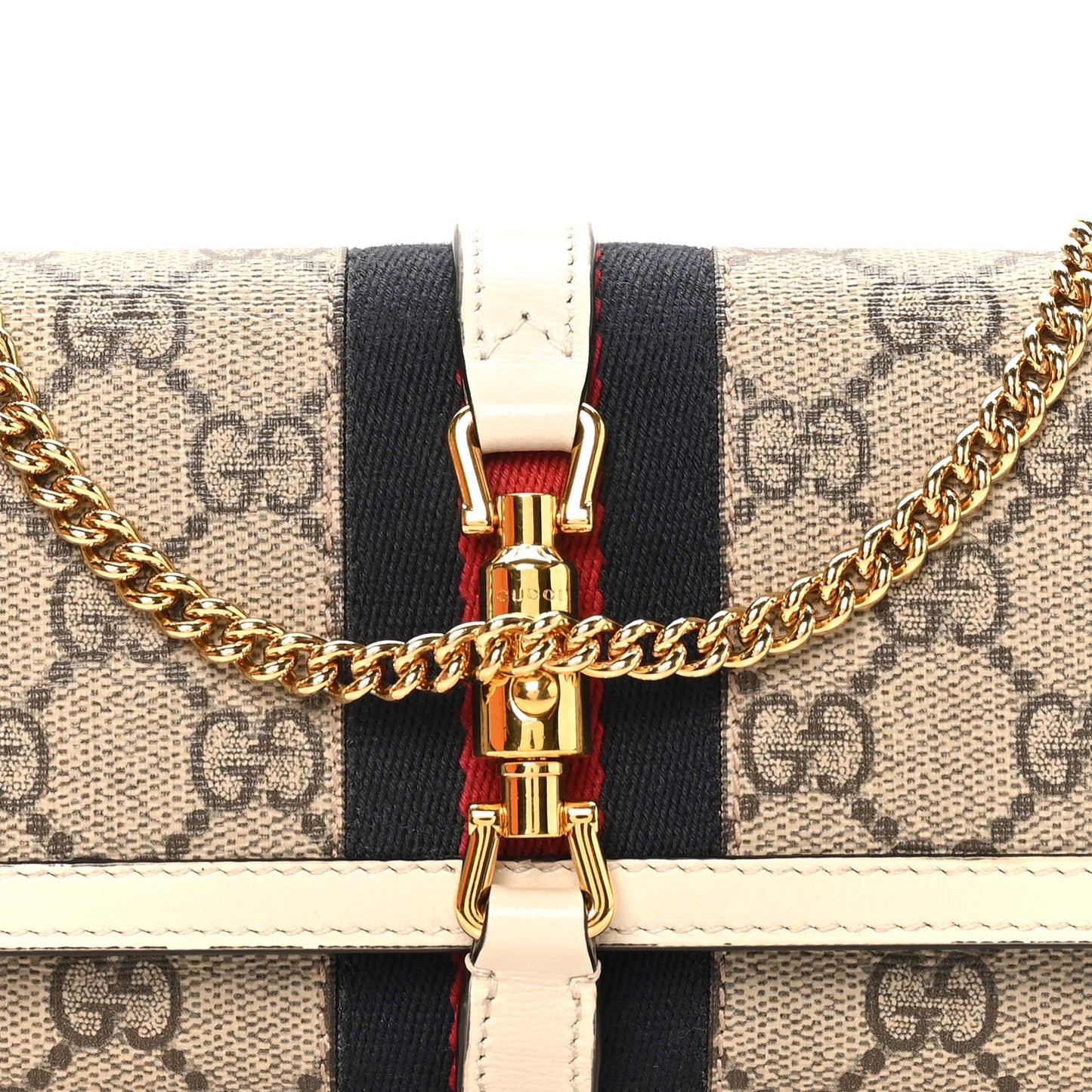 GG Supreme Monogram Textured Calfskin Web Jackie 1961 Chain Wallet Beige Ebony Mystic White