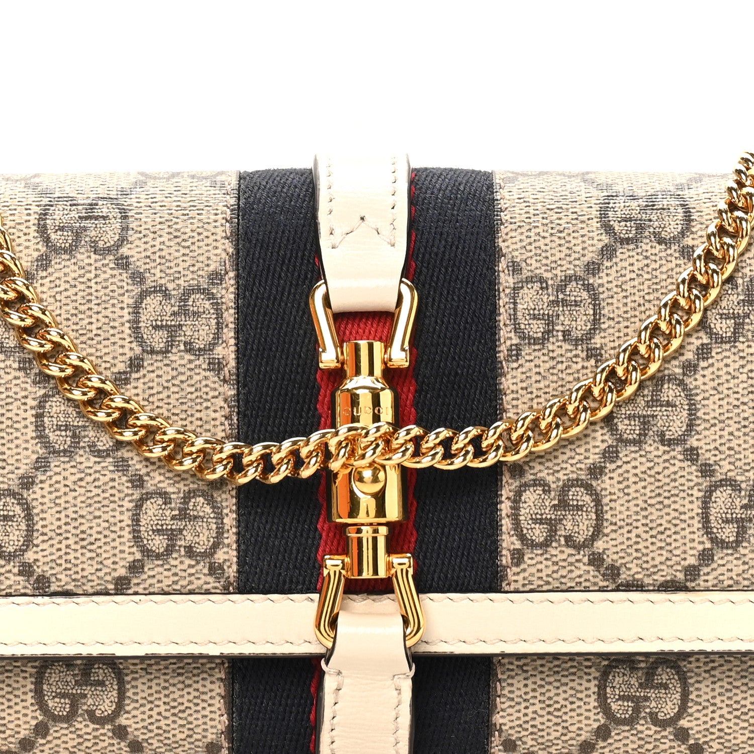 Gucci GG Supreme Monogram Textured Calfskin Web Jackie 1961 Chain Wallet Beige Ebony Mystic White 9 of 12