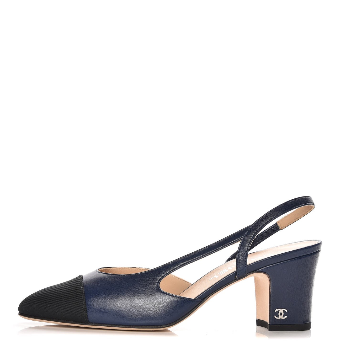 Lambskin Grosgrain Cap Toe CC Slingback Sandals 37.5 Navy Black