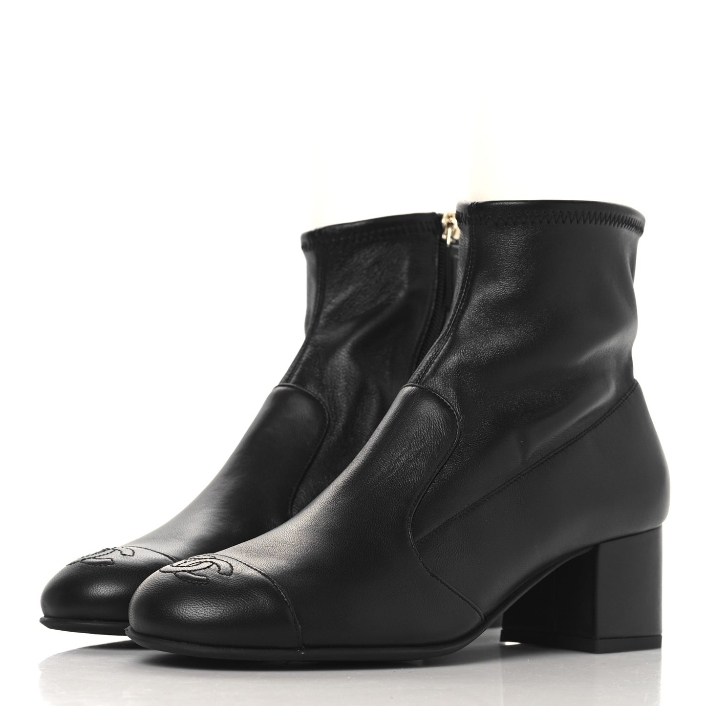 Stretch Lambskin Cap Toe CC Uniform Short Boots 38 Black