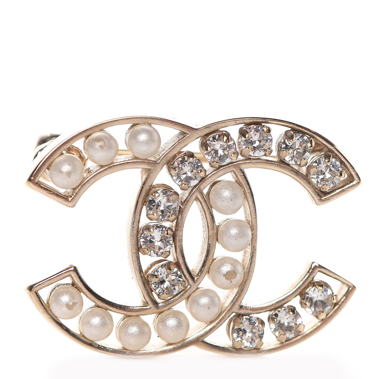 Pearl Crystal CC Brooch Gold