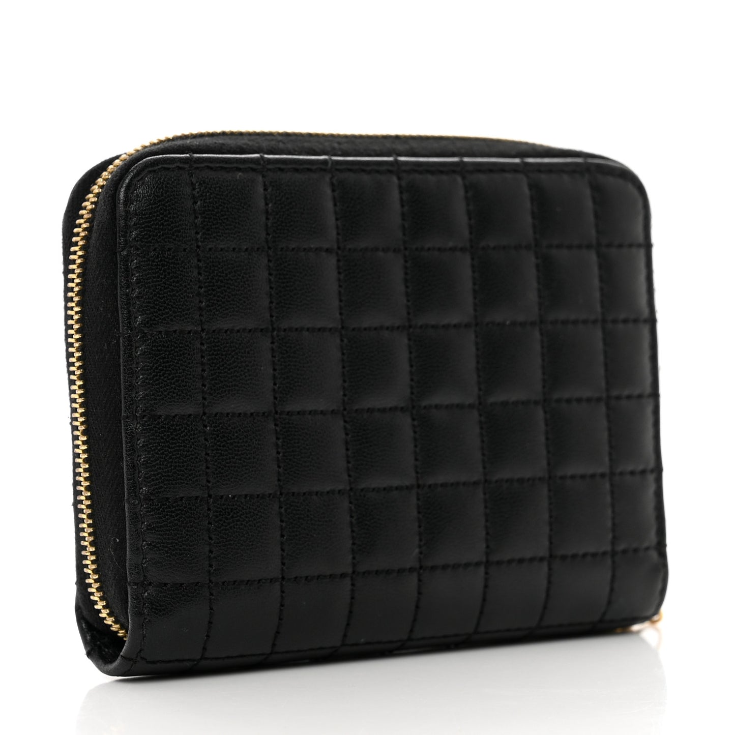 Lambskin Quilted C Charm Zip Around Wallet Black