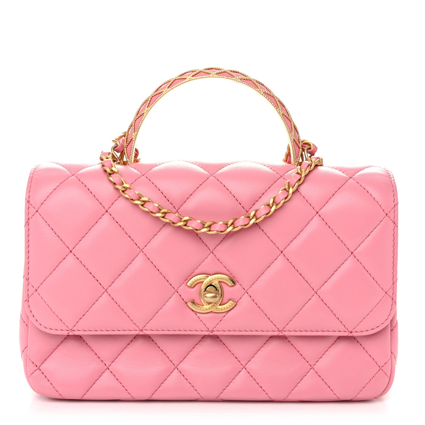 Lambskin Metal Quilted Twist Top Handle Flap With Chain Light Pink