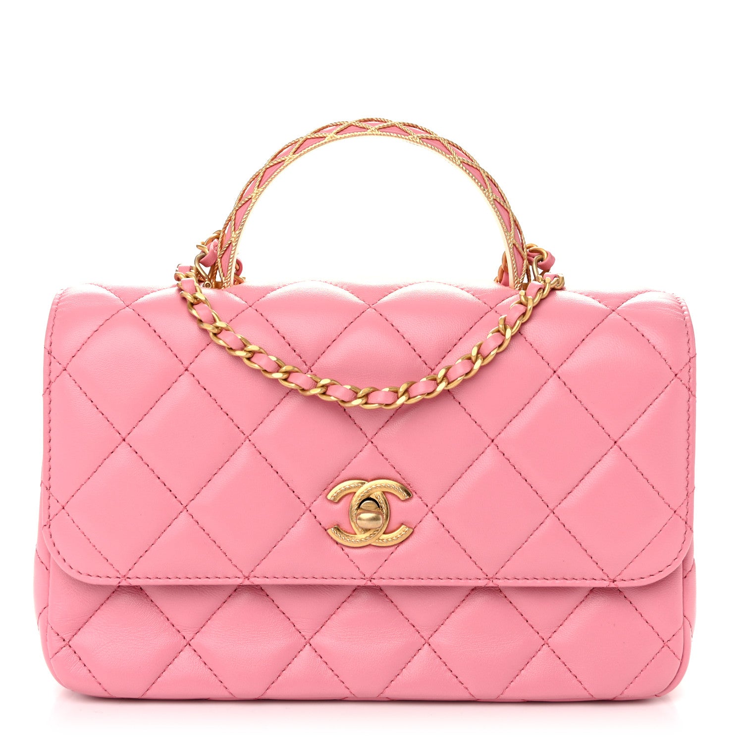 Chanel Lambskin Metal Quilted Twist Top Handle Flap With Chain Light Pink 1 of 11