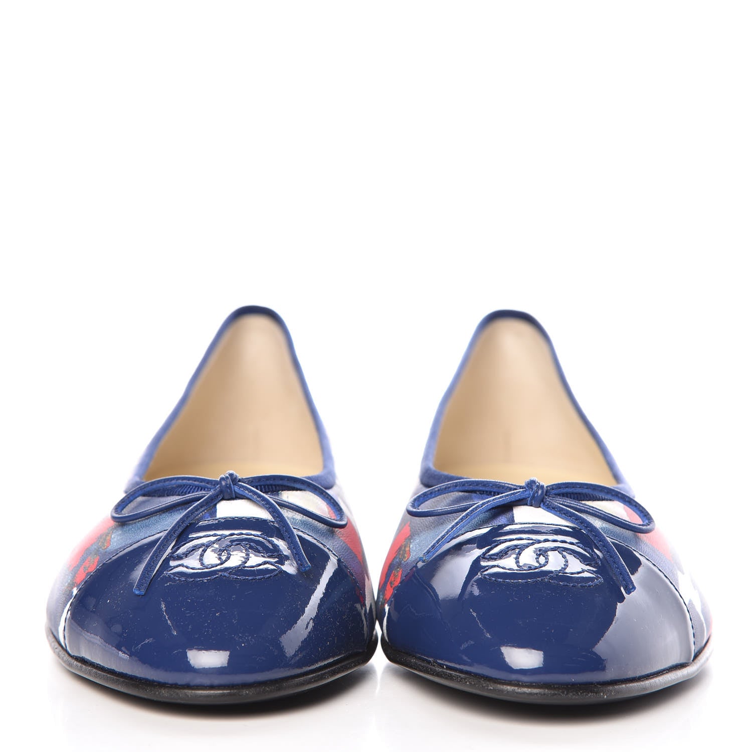 Chanel Patent Calfskin Printed CC Cap Toe Ballerina Flats 41 Blue Red Orange Navy 2 of 9