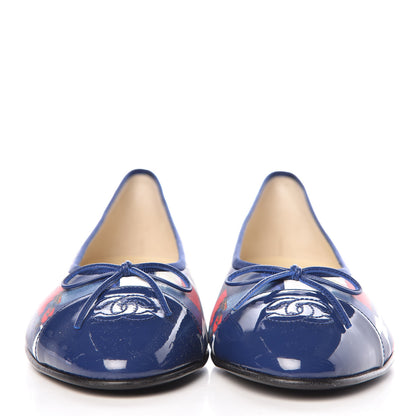 Chanel Patent Calfskin Printed CC Cap Toe Ballerina Flats 41 Blue Red Orange Navy 2 of 9