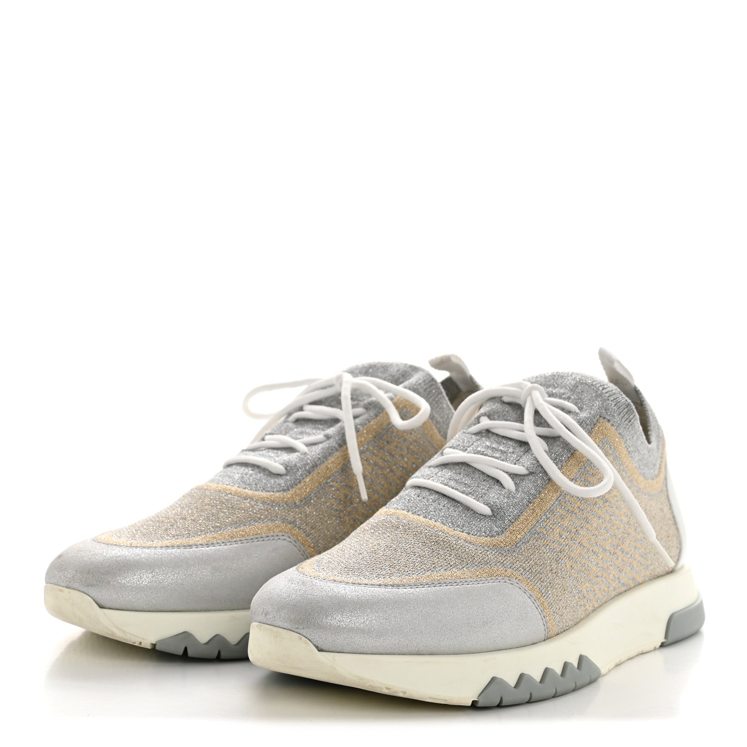 Hermes Metallic Knit Calfskin Suede Goatskin Bi-Color Womens Addict Sneakers 40 Multicolor Gris Argent 4 of 13