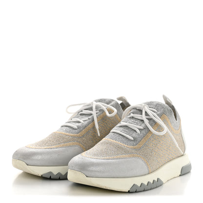 Hermes Metallic Knit Calfskin Suede Goatskin Bi-Color Womens Addict Sneakers 40 Multicolor Gris Argent 4 of 13