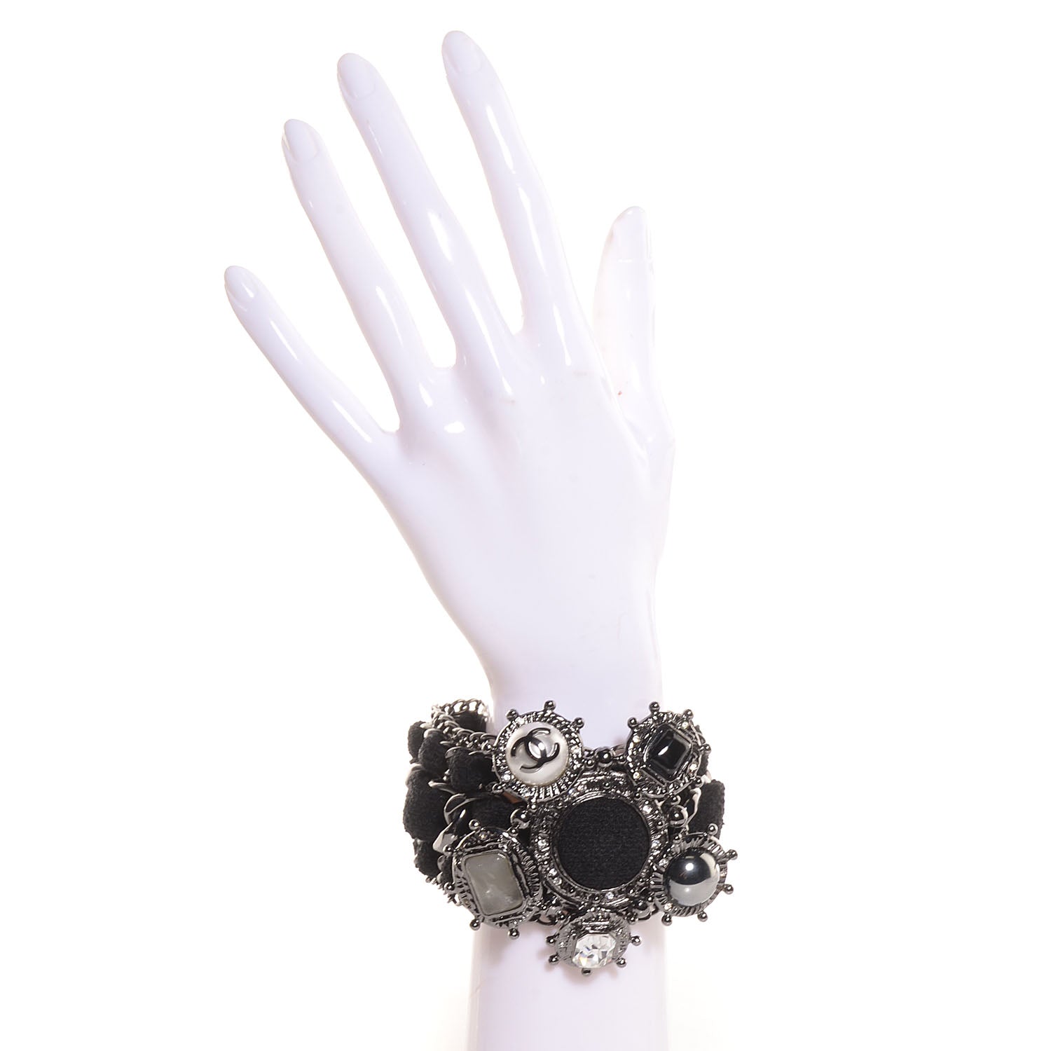 Chanel Wool Stone Crystal CC Chain Cuff Black 2 of 5