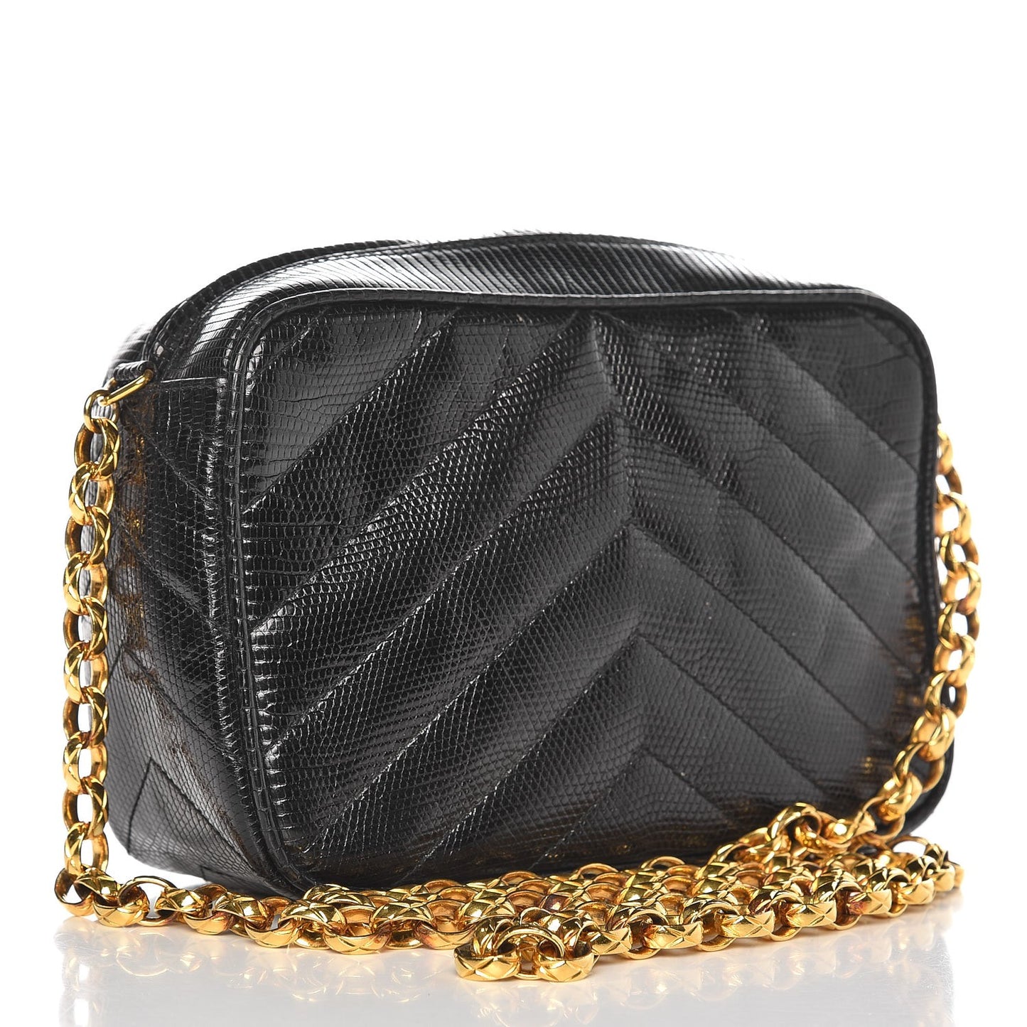 Lizard Chevron Quilted Small Tassel Camera Case Black