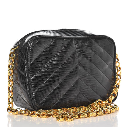 Chanel Lizard Chevron Quilted Small Tassel Camera Case Black 3 of 7