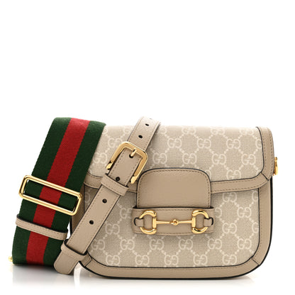 Gucci GG Supreme Monogram Textured Dollar Calfskin Web Mini Horsebit 1955 Shoulder Bag Beige Mystic White Oatmeal 1 of 12