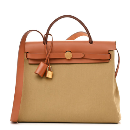 Hermes Military Toile Vache Hunter Herbag Zip Retourne 31 PM Poussiere Fauve 1 of 12