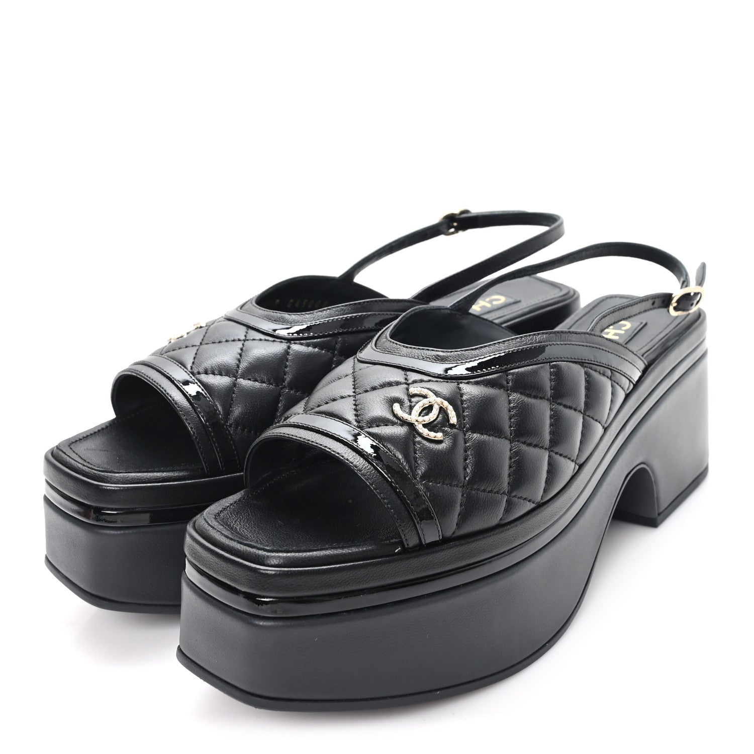 Chanel Lambskin Patent Quilted CC Platform Sandals 39.5 Black 4 of 10