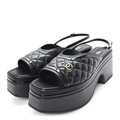 Chanel Lambskin Patent Quilted CC Platform Sandals 39.5 Black 4 of 10