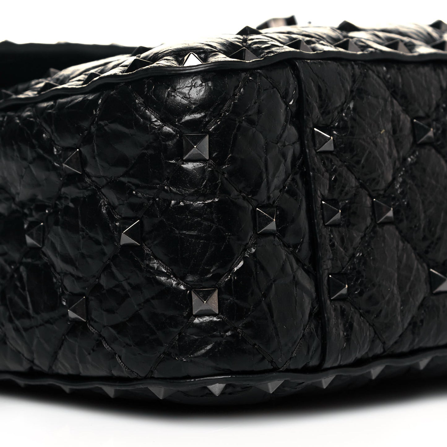 Craquele Nappa Medium Rockstud Spike Shoulder Bag Black