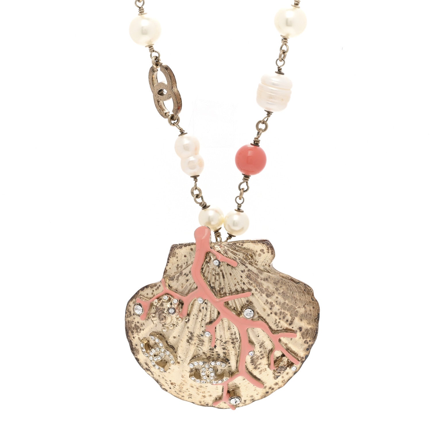Chanel Crystal Pearl Shell Necklace Gold 4 of 6