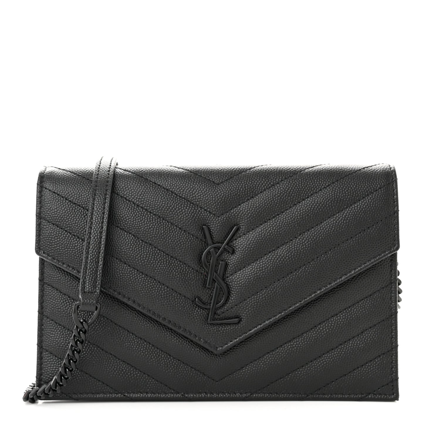 Grain De Poudre Matelasse Chevron Monochrome Monogram Envelope Chain Wallet Black