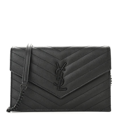Saint Laurent Grain De Poudre Matelasse Chevron Monochrome Monogram Envelope Chain Wallet Black 1 of 10