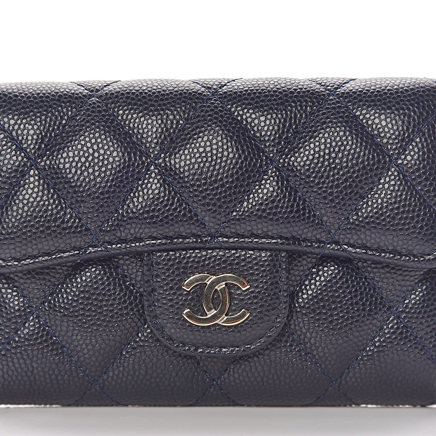 Caviar Quilted Flap Card Holder Wallet Navy Blue